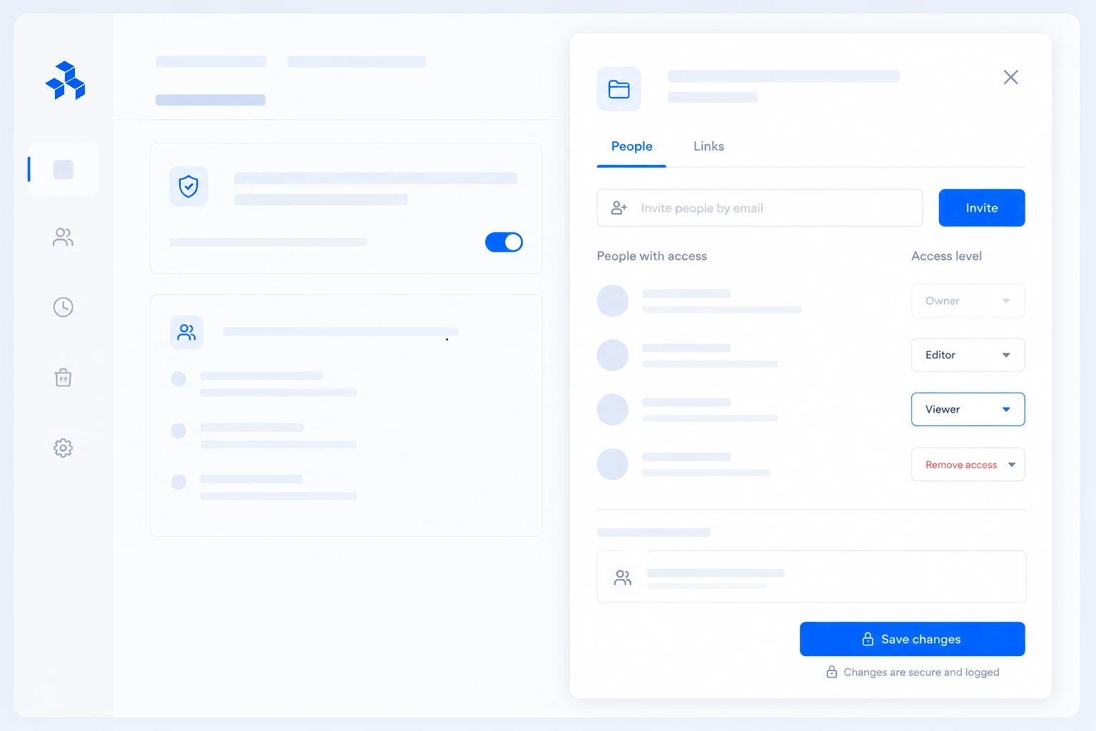 DocuDart access-management panel showing people with access, permission levels, invites, and save controls.