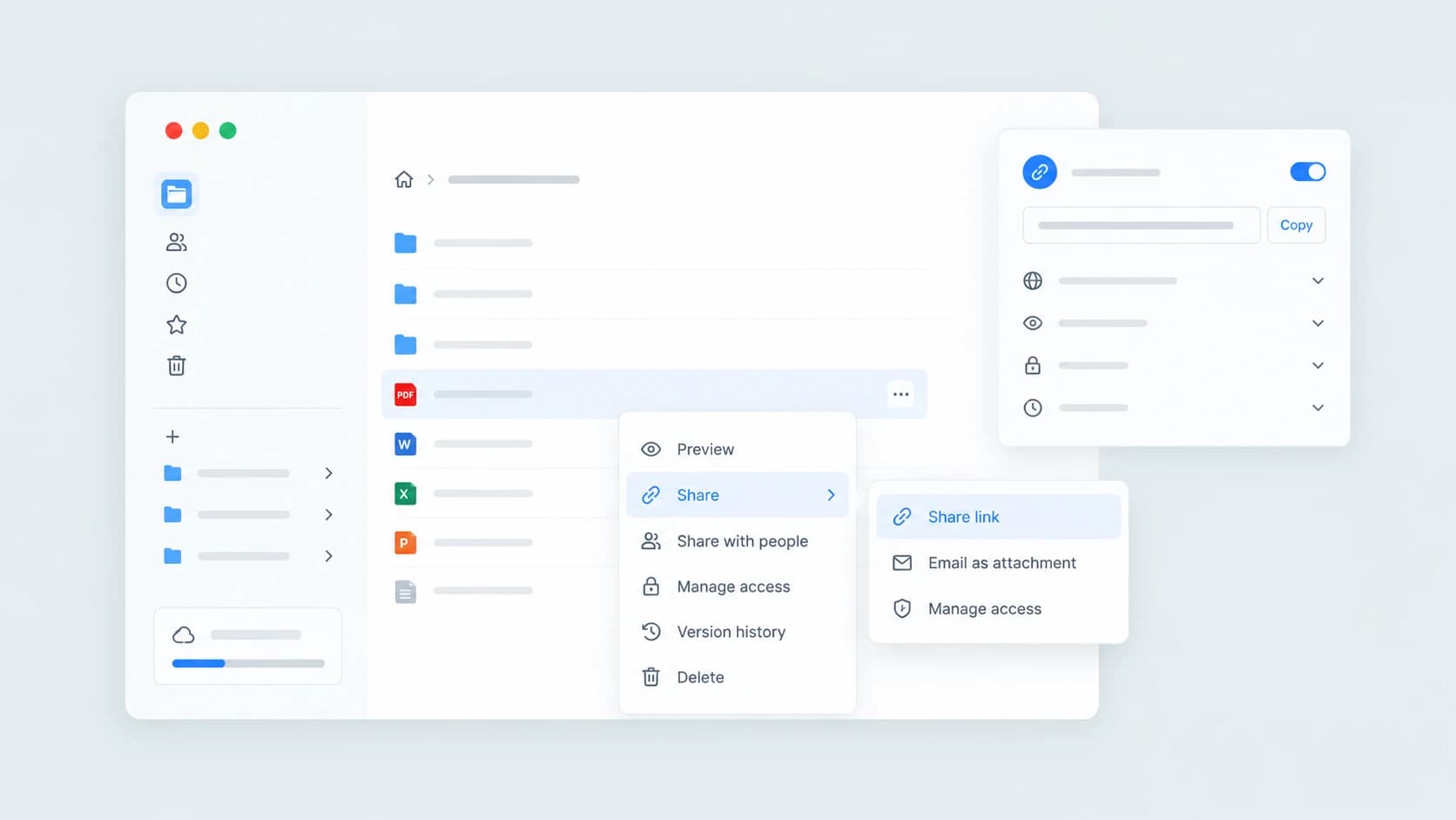 DocuDart file manager showing a selected file, share menu, secure link options, and access controls.